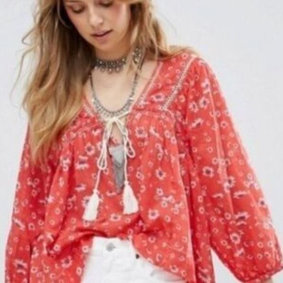 Free People | Never A Dull Moment Blouse Coral Red Peasant Floral Top | Size XS - Picture 4 of 10